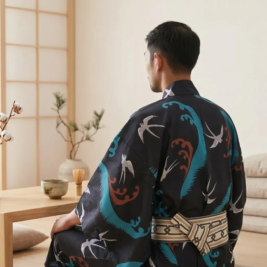 Traditional Men's Kimono with Flying Swallows Print — flexible, beautiful styling