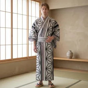 Traditional Men's Kimono with Geometric Pattern and Belt — view 1
