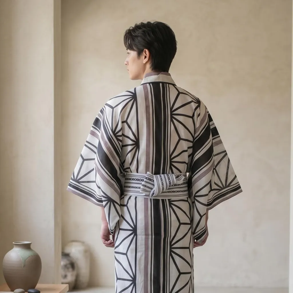 Traditional Men's Kimono with Geometric Pattern and Belt — a piece designed for serenity