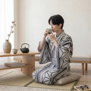 Traditional Men's Kimono with Geometric Pattern and Belt — view 3