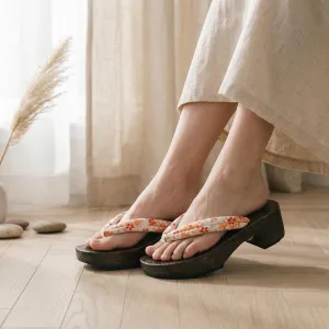 Wenge Wood Platform Geta Sandals with Floral Print — view 1