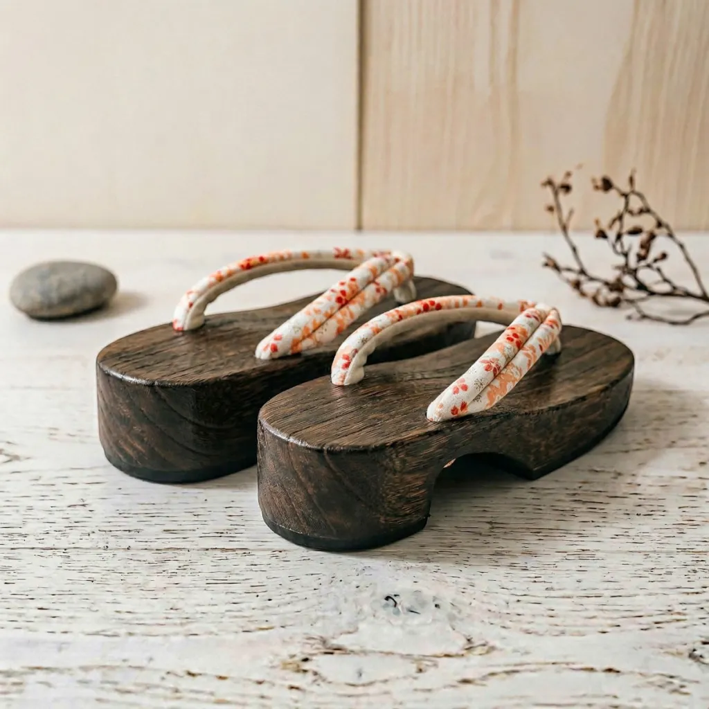 Wenge Wood Platform Geta Sandals with Floral Print — flexible, beautiful styling
