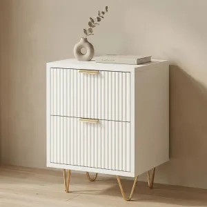 White Japandi Nightstand with Ribbed Front and Gold Accents — view 1
