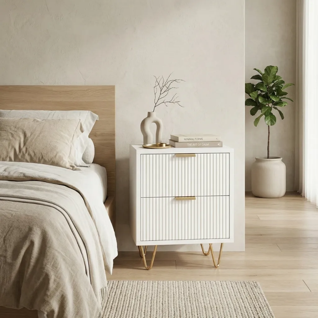 White Japandi Nightstand with Ribbed Front and Gold Accents — a piece designed for serenity