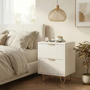 White Japandi Nightstand with Ribbed Front and Gold Accents — view 3