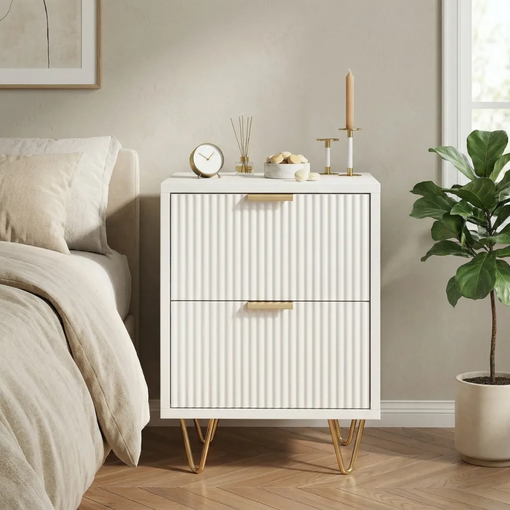White Japandi Nightstand with Ribbed Front and Gold Accents — flexible, beautiful styling