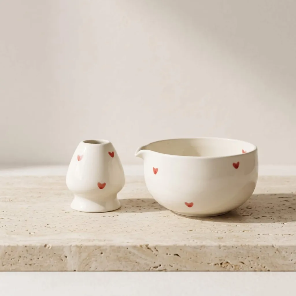 White Japanese Matcha Bowl with Small Heart Pattern