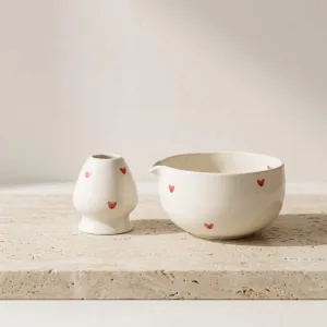 White Japanese Matcha Bowl with Small Heart Pattern — view 1