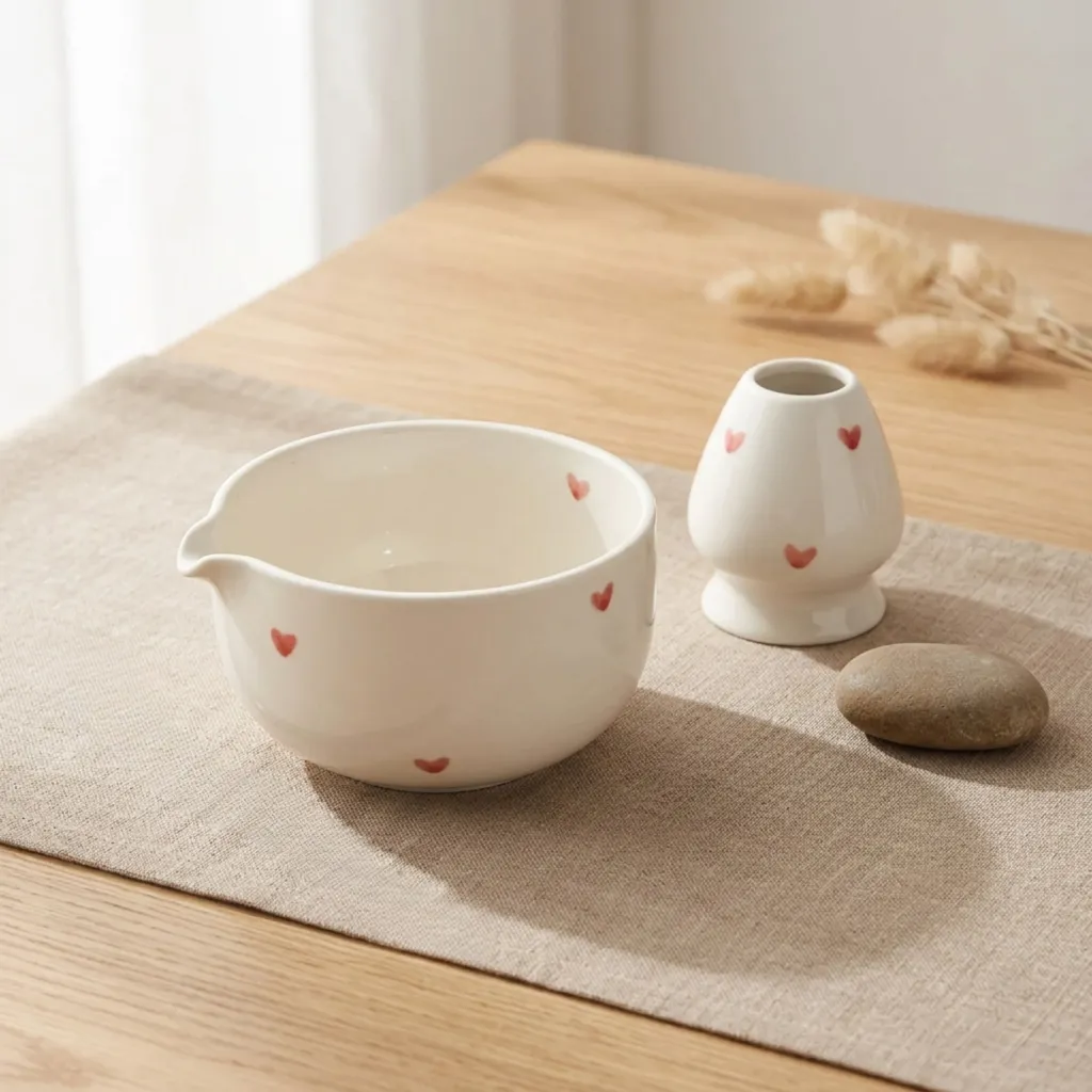 White Japanese Matcha Bowl with Small Heart Pattern — where minimalism meets durability