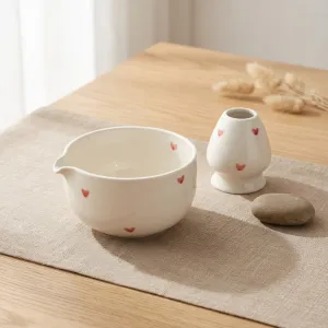 White Japanese Matcha Bowl with Small Heart Pattern — view 3