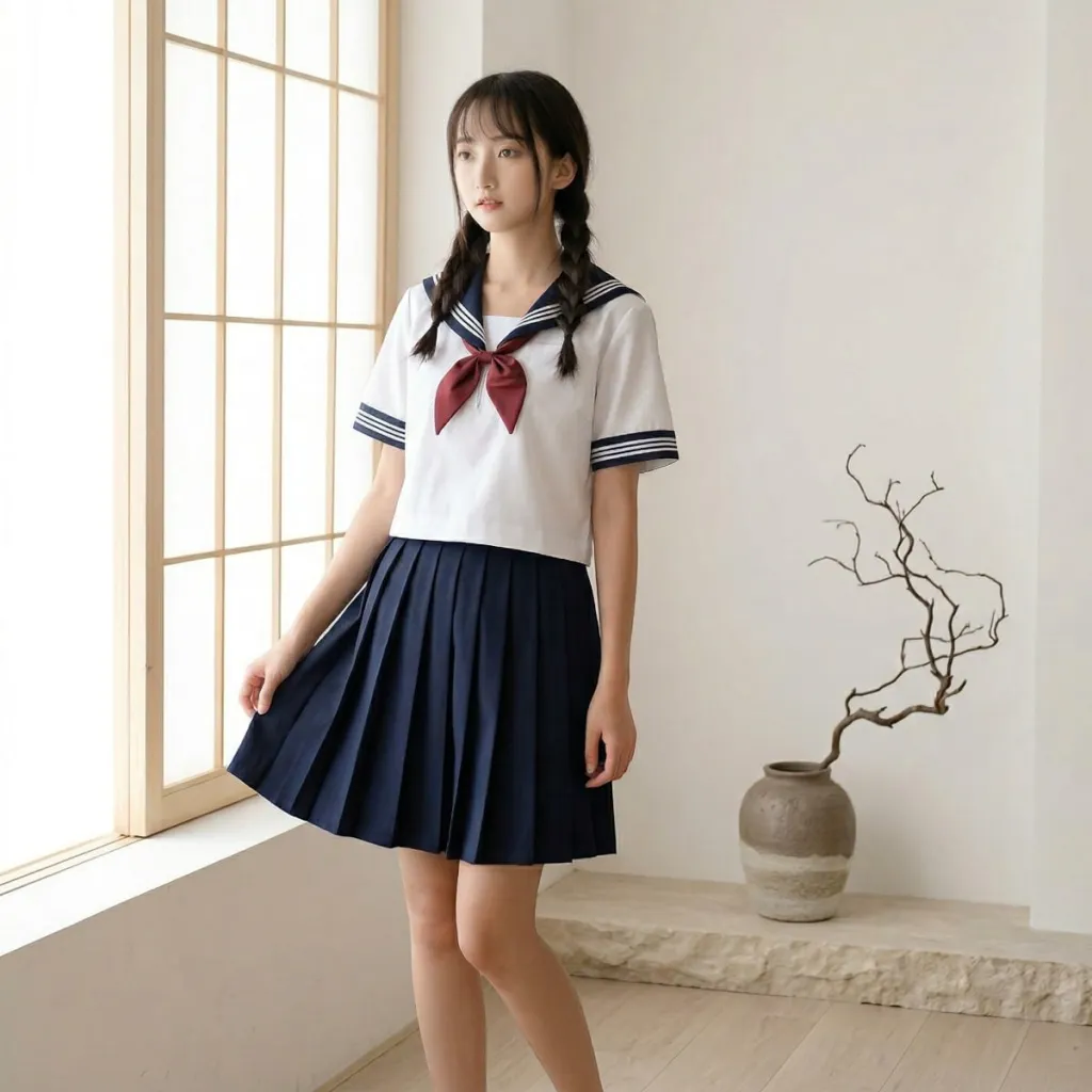 White Japanese School Uniform for Girls with Red Bow and Socks