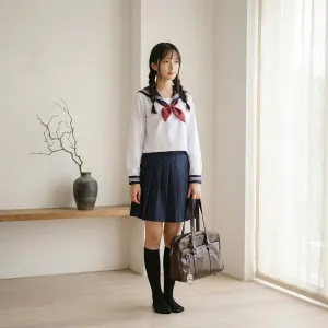 White Japanese School Uniform for Girls with Red Bow and Socks — view 5