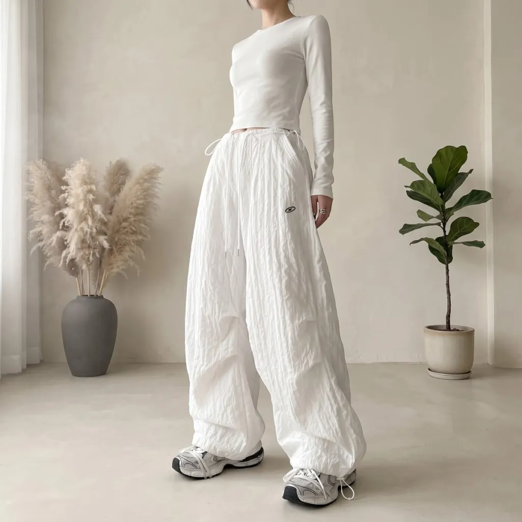 White Minimalist Y2K Parachute Pants — where minimalism meets durability