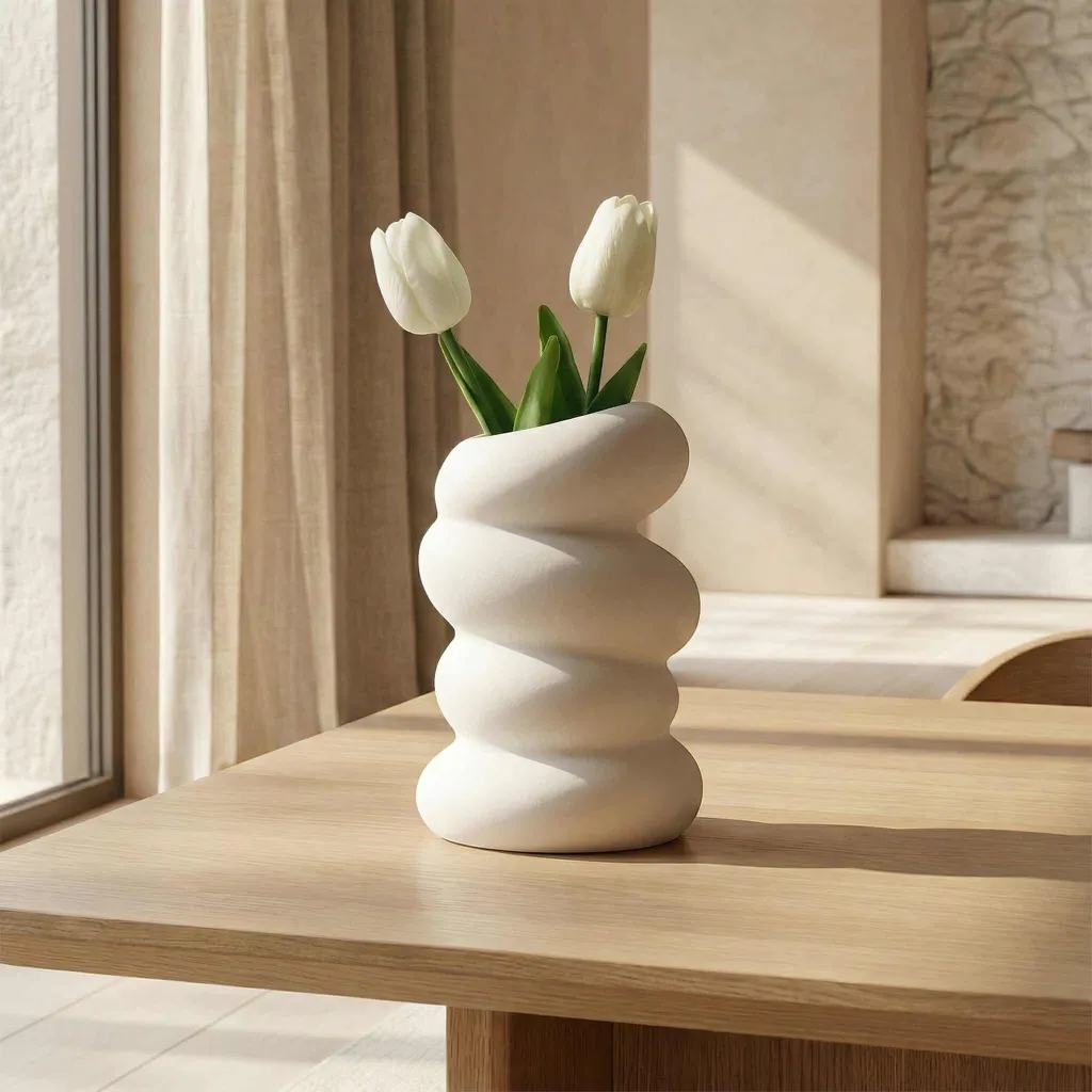 White Spiral Japandi Vase in Plastic
