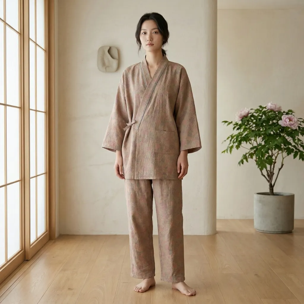 Women's Beige Floral Cotton Jinbei
