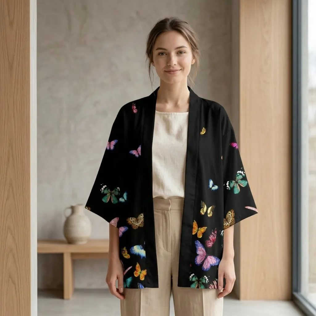 Women's Black Butterfly-Print Haori Jacket