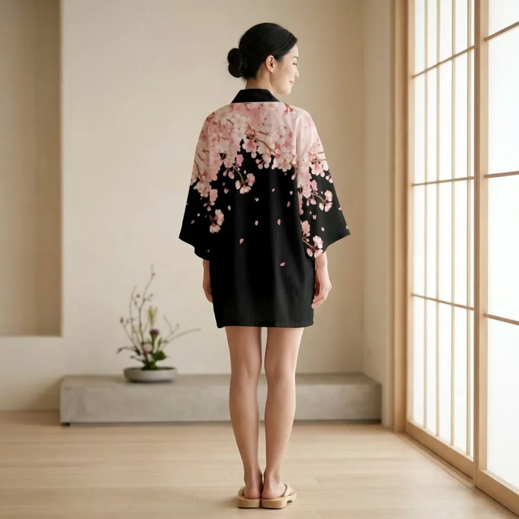 Women's Black Sakura Haori Jacket — a piece designed for serenity