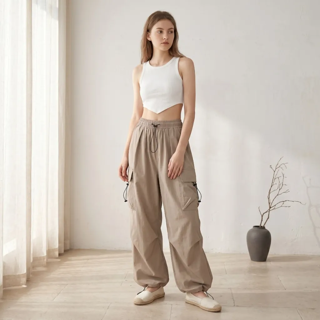 Women's Cargo Parachute Pants with Drawstrings