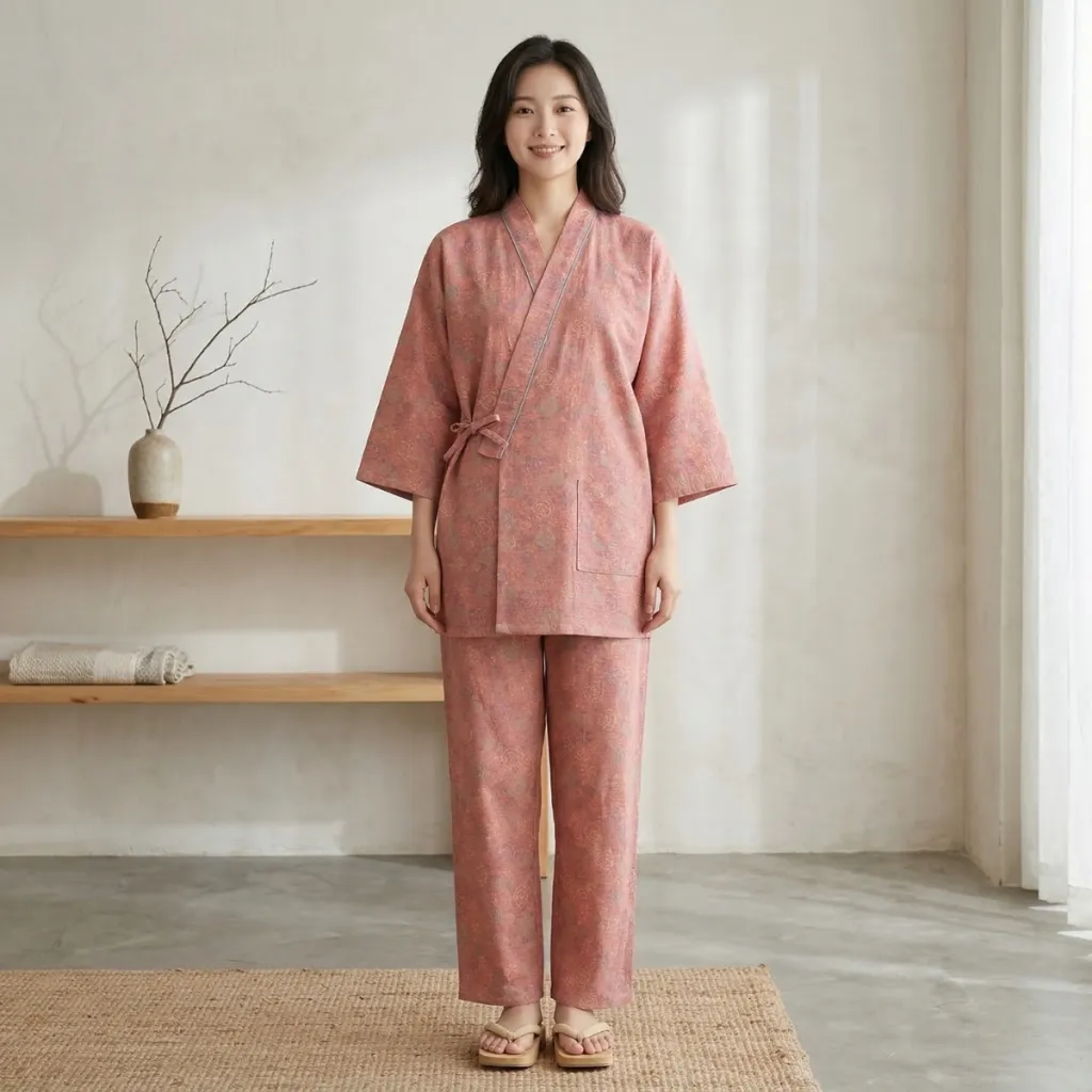 Women's Dusty Pink Peony-Print Cotton Jinbei