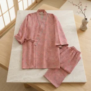 Women's Dusty Pink Peony-Print Cotton Jinbei — view 4