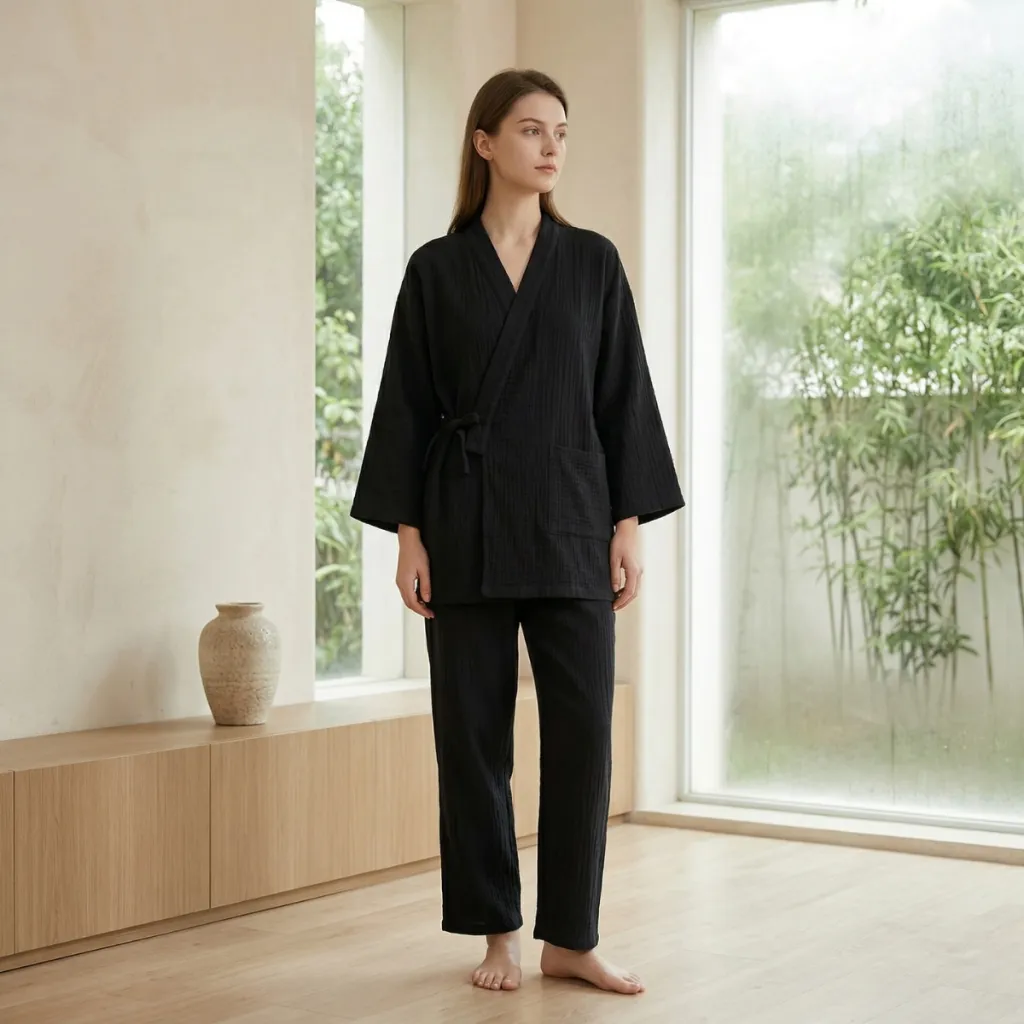 Women's Elegant Black Cotton Jinbei