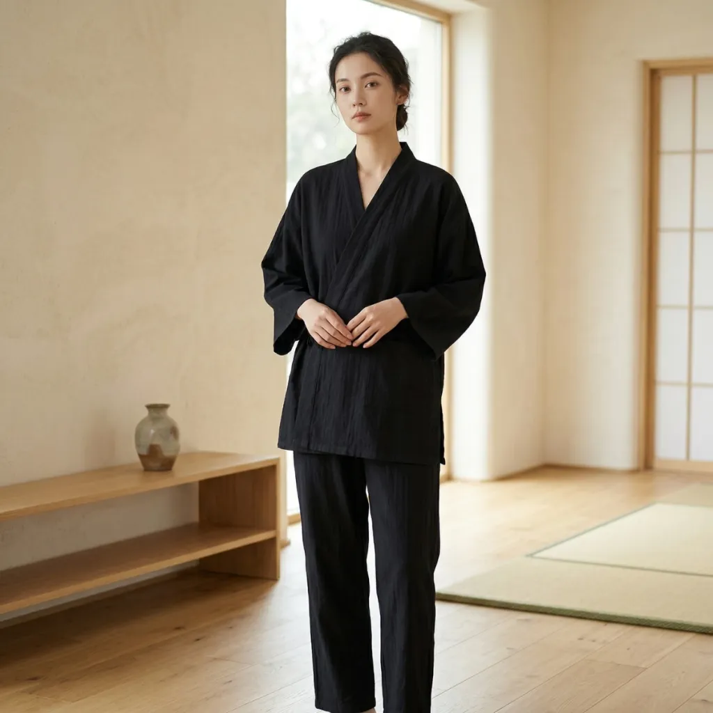 Women's Elegant Black Cotton Jinbei — where minimalism meets durability