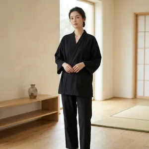 Women's Elegant Black Cotton Jinbei — view 3