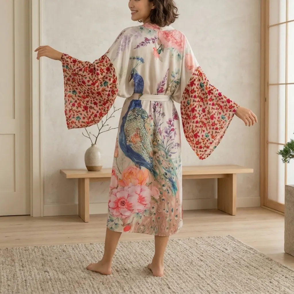 Women's Flowy Floral Peacock-Print Kimono — a piece designed for serenity
