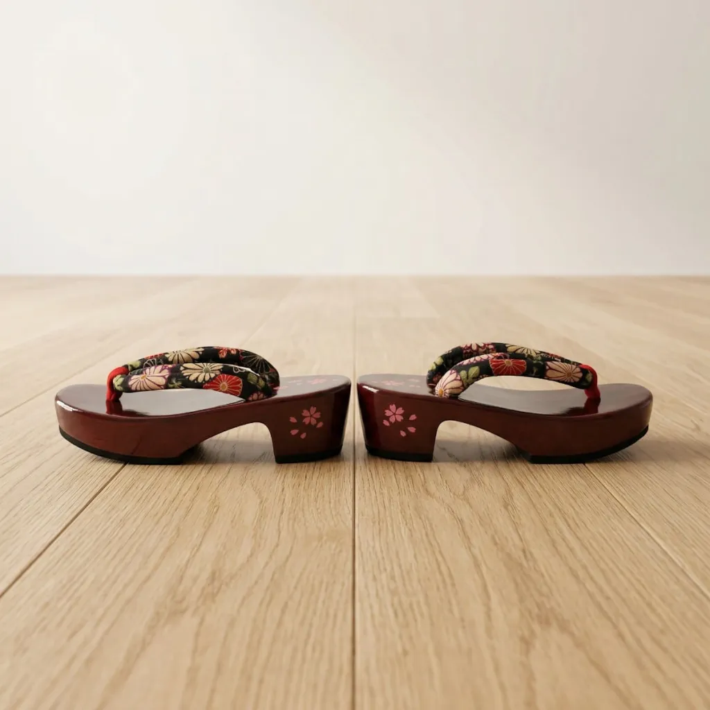 Women's Geta Sandals with Kiku Chrysanthemum Motif — flexible, beautiful styling