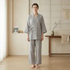 Women's Gray Cotton Gauze Jinbei — view 1