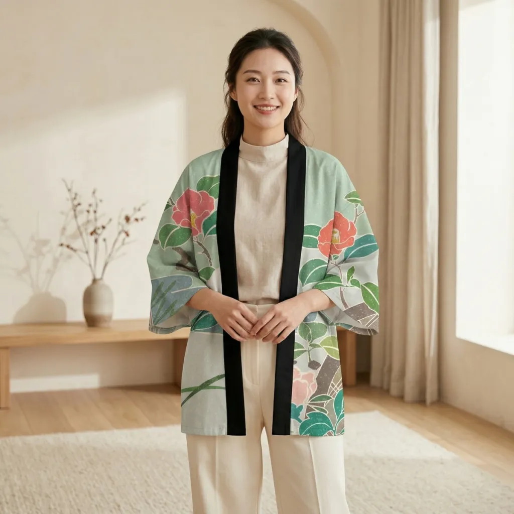 Women's Haori Jacket with Peony Print on Sage Green