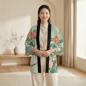 Women's Haori Jacket with Peony Print on Sage Green — view 1