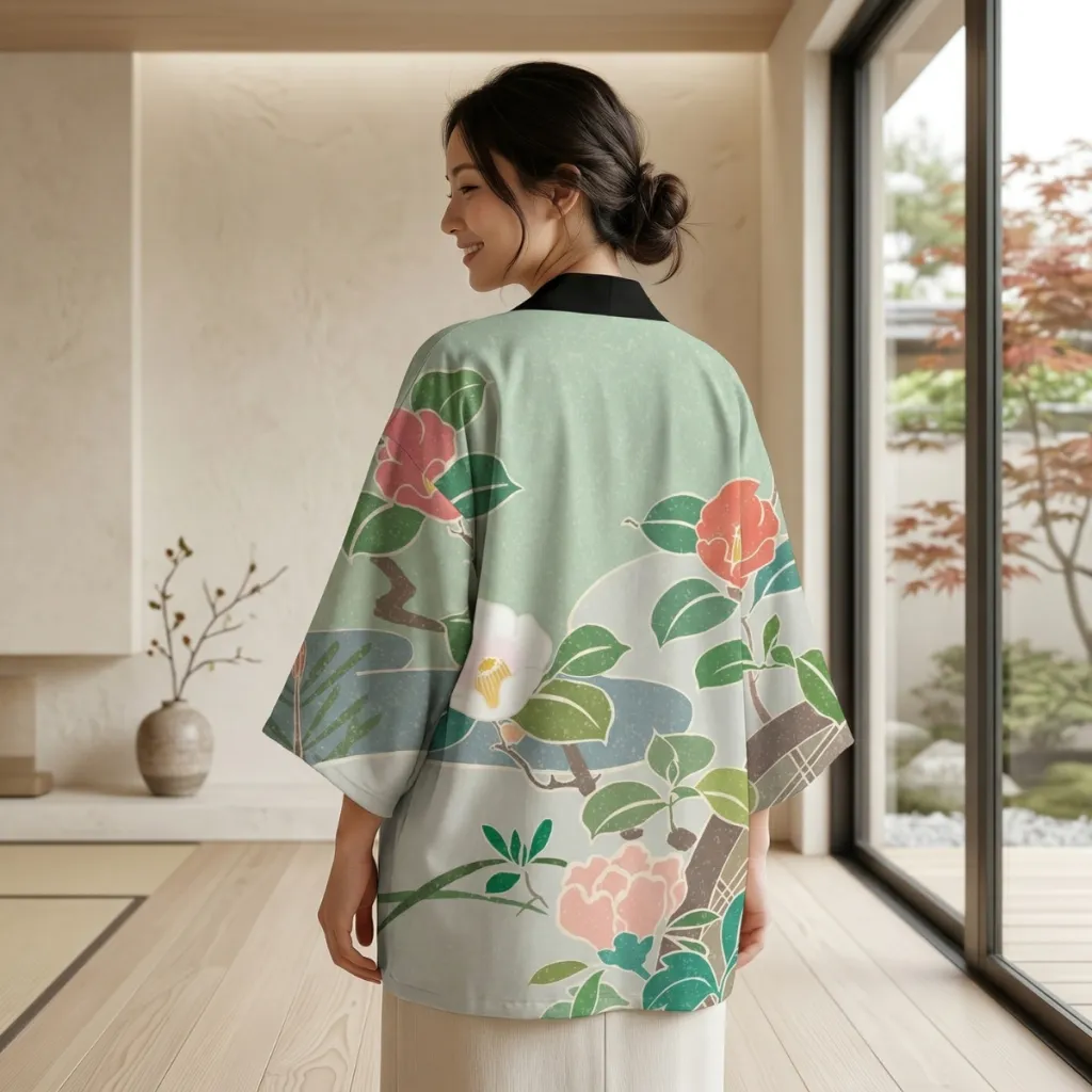 Women's Haori Jacket with Peony Print on Sage Green — a piece designed for serenity