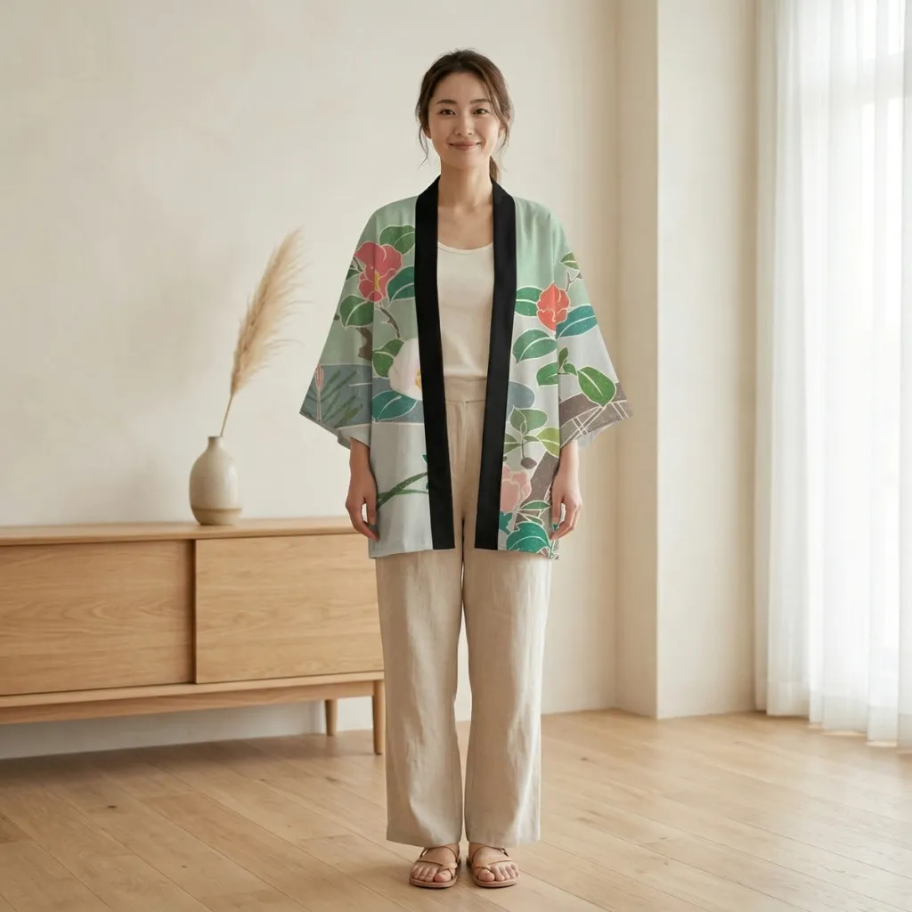 Women's Haori Jacket with Peony Print on Sage Green — where minimalism meets durability