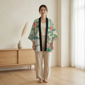 Women's Haori Jacket with Peony Print on Sage Green — view 3
