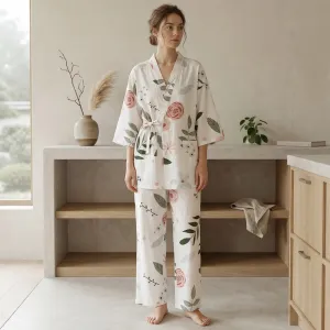 Women's Japanese Pajama Set with Botanical Floral Print — view 1