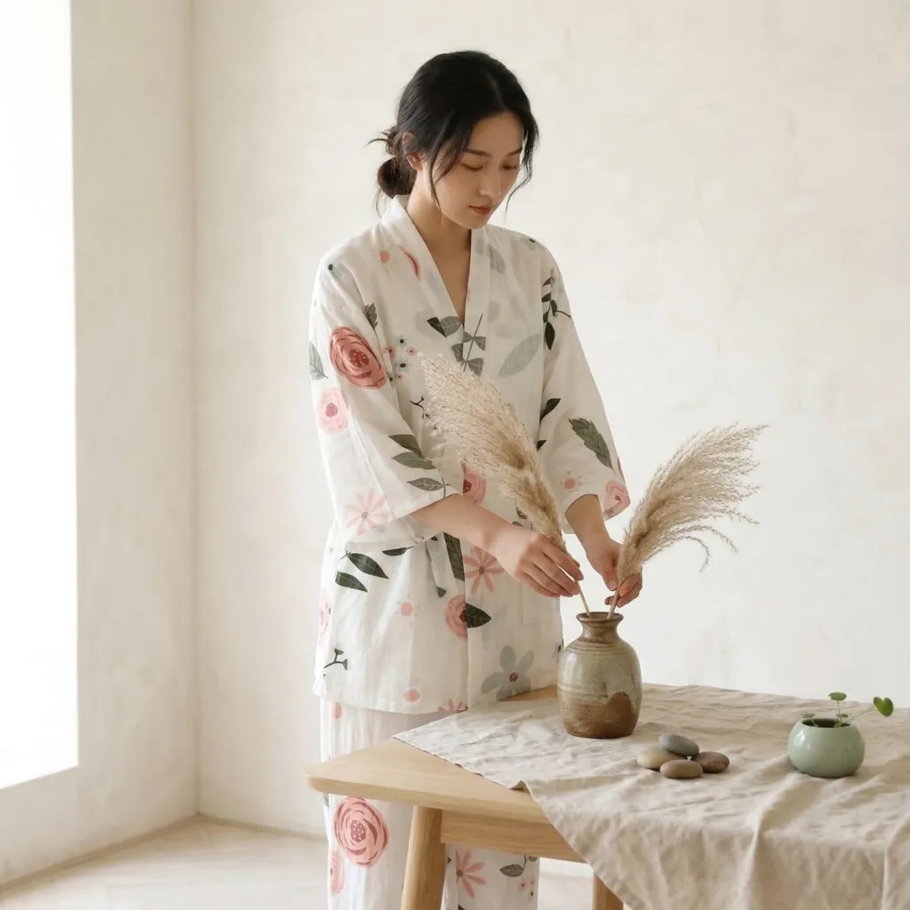 Women's Japanese Pajama Set with Botanical Floral Print — a piece designed for serenity