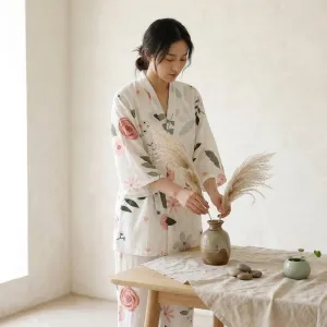 Women's Japanese Pajama Set with Botanical Floral Print — view 2