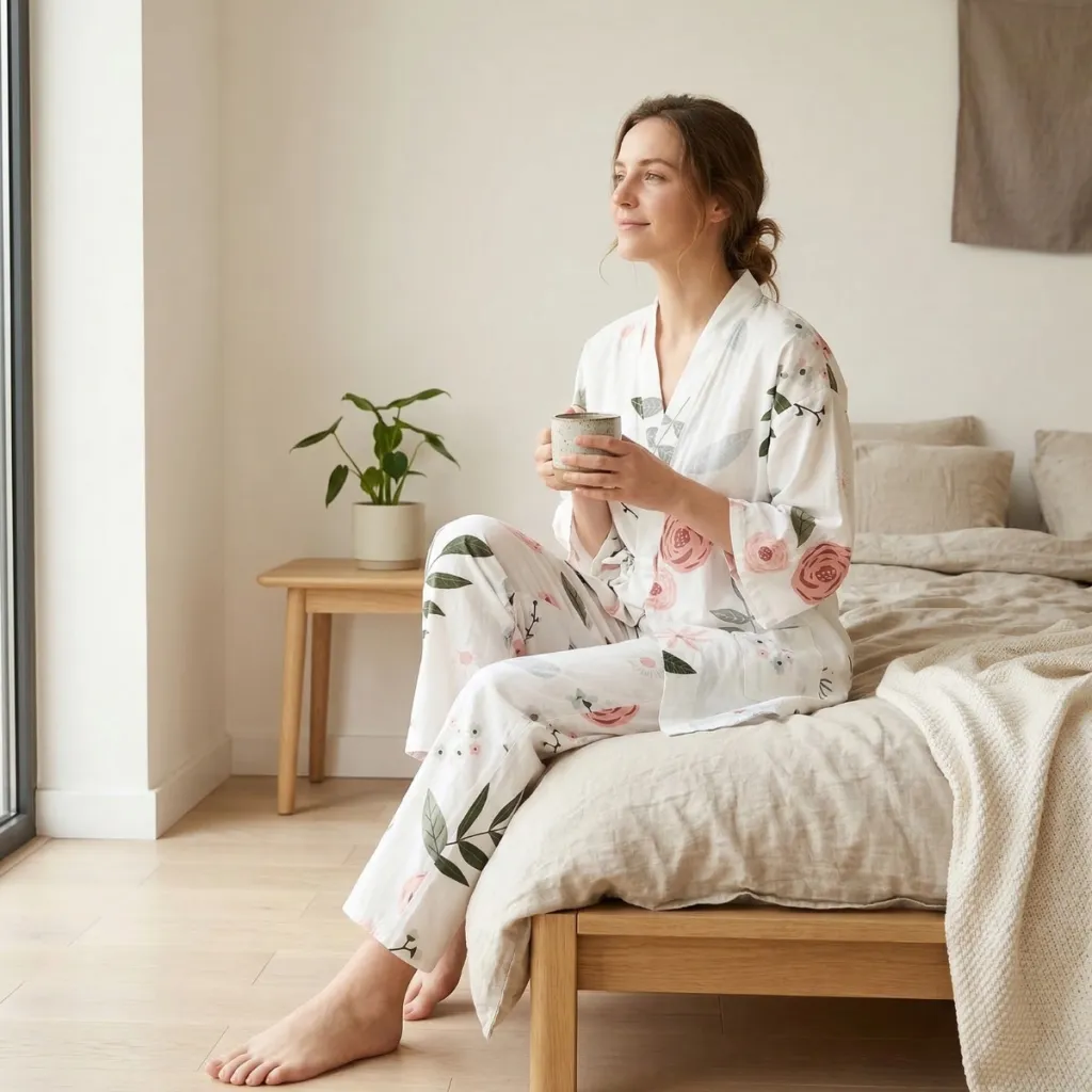 Women's Japanese Pajama Set with Botanical Floral Print — where minimalism meets durability