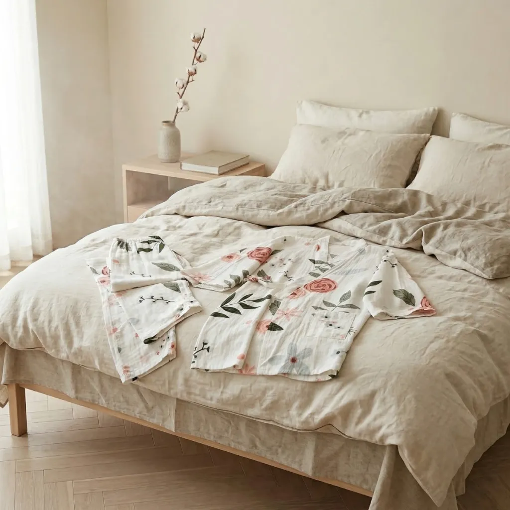 Women's Japanese Pajama Set with Botanical Floral Print — flexible, beautiful styling