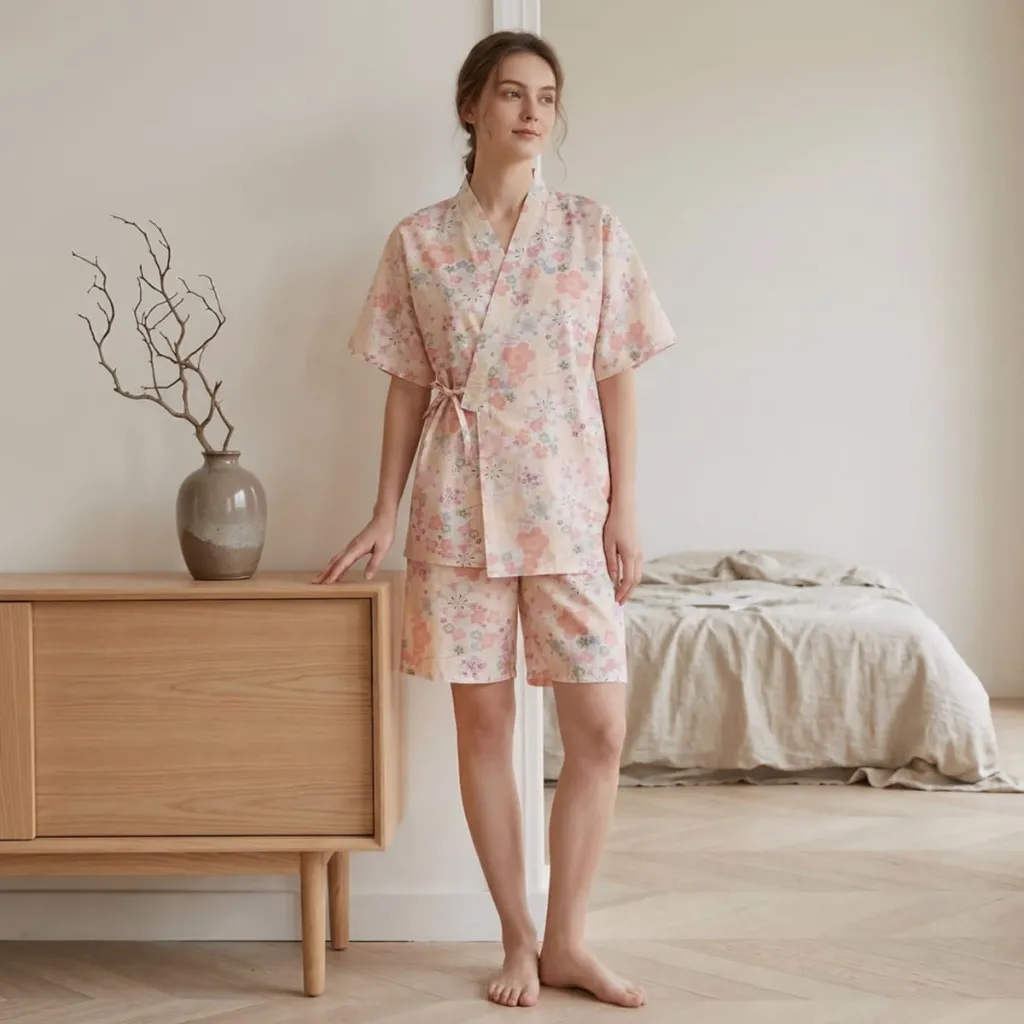 Women's Japanese Floral Pajama Set with Shorts