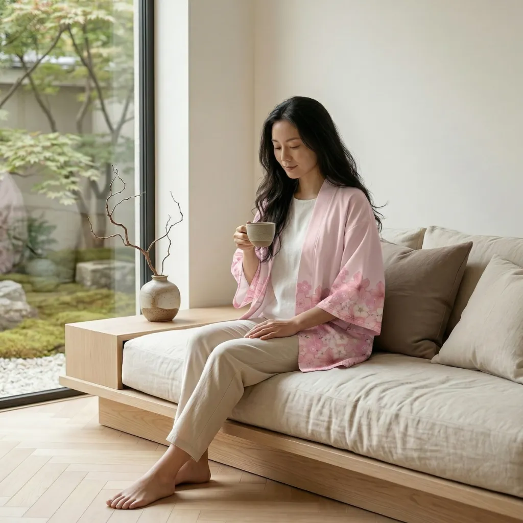 Women's Japanese Jacket with Cherry Blossom Print — a piece designed for serenity