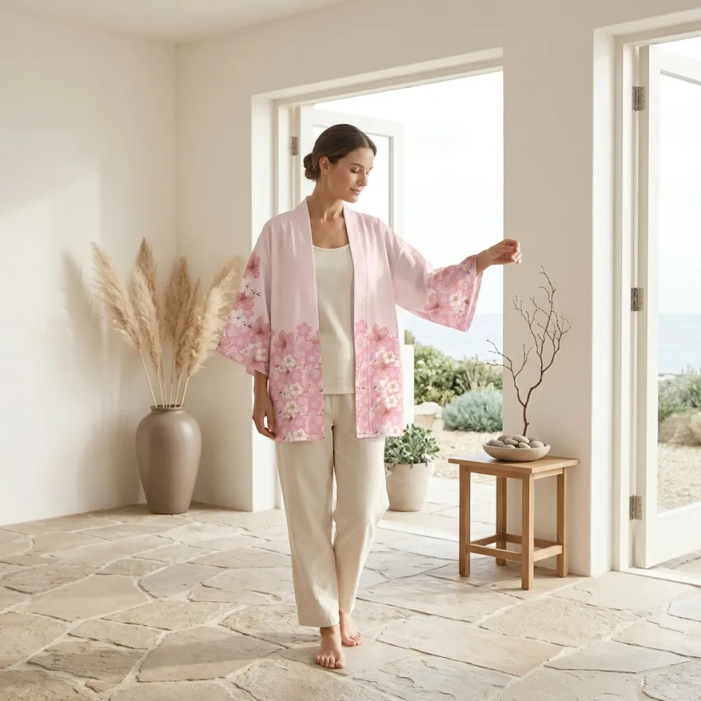 Women's Japanese Jacket with Cherry Blossom Print — flexible, beautiful styling