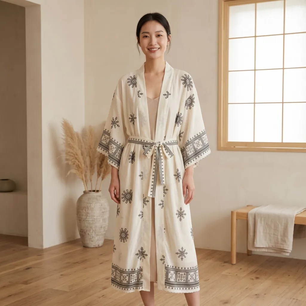 Women's Long Kimono with Ethnic Print and Belt