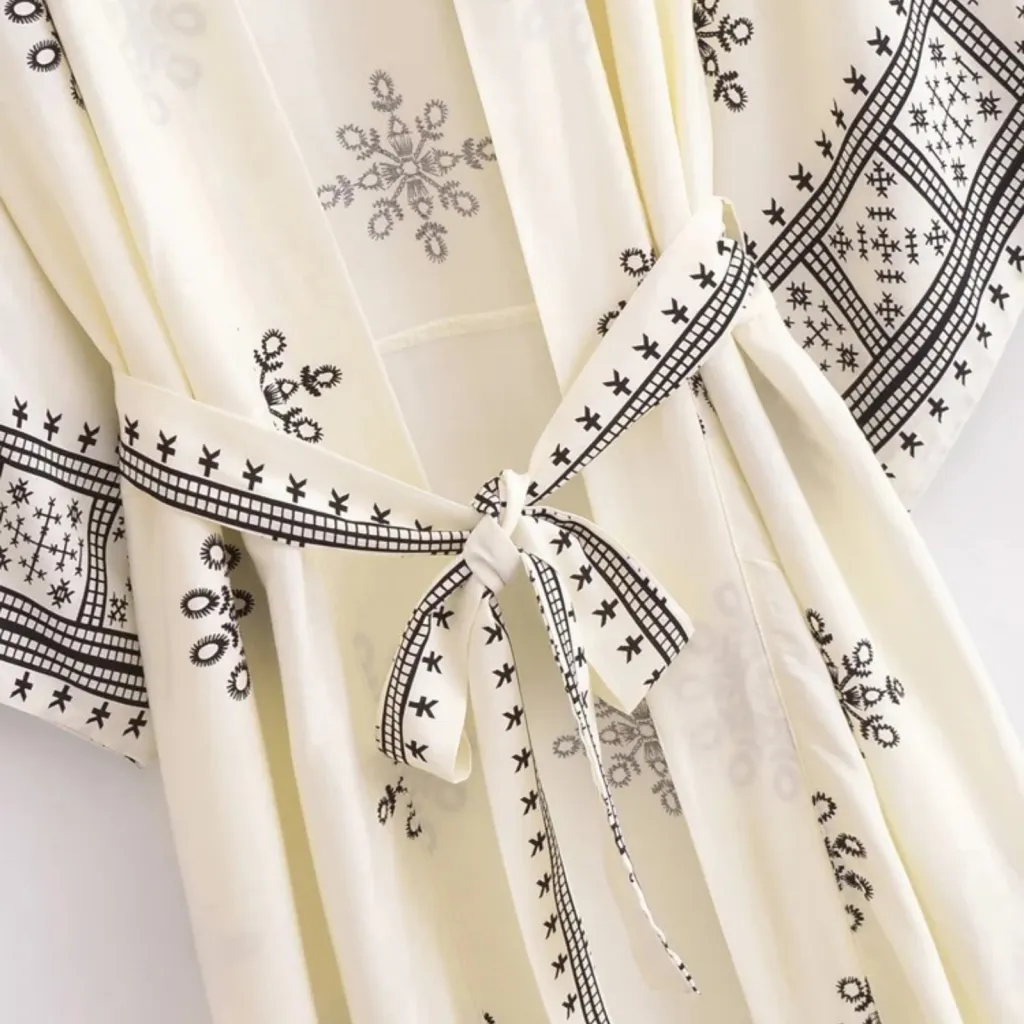 Women's Long Kimono with Ethnic Print and Belt — a piece designed for serenity