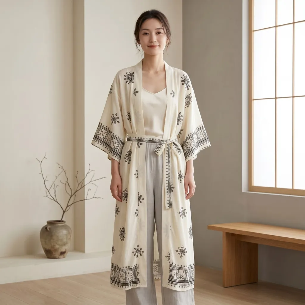 Women's Long Kimono with Ethnic Print and Belt — flexible, beautiful styling