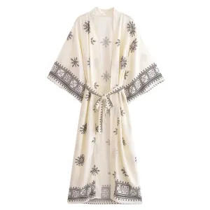 Women's Long Kimono with Ethnic Print and Belt — view 5