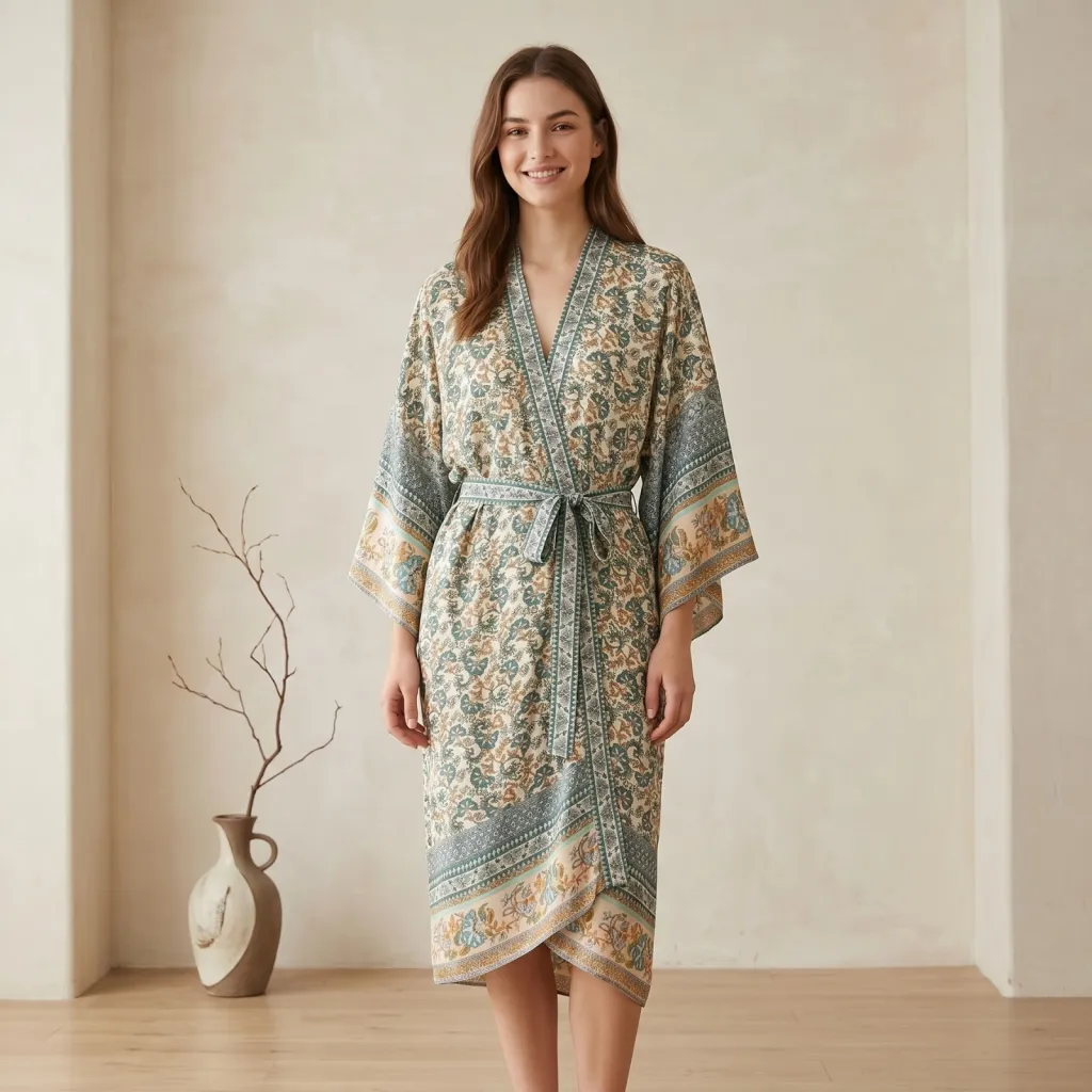 Women's Mid-Length Kimono with Oriental Floral Print