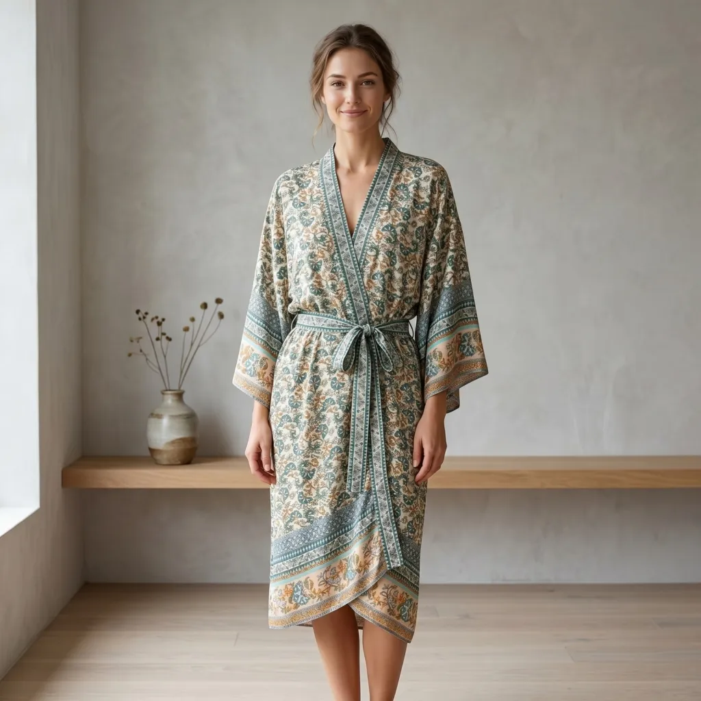 Women's Mid-Length Kimono with Oriental Floral Print — where minimalism meets durability