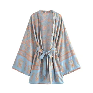 Women's Mid-Length Sky Blue and Blush Floral Kimono — view 5